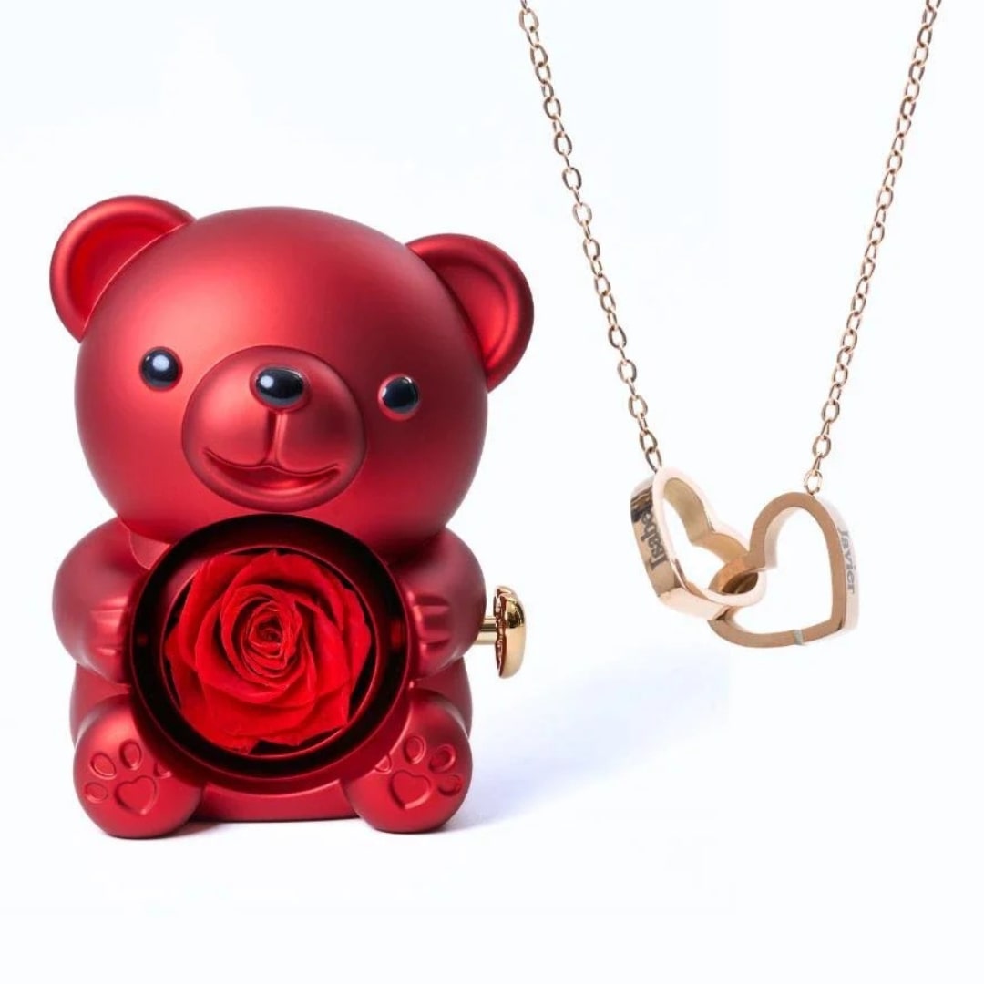 Ours Saint Valentin avec rose éternelle et collier gravé