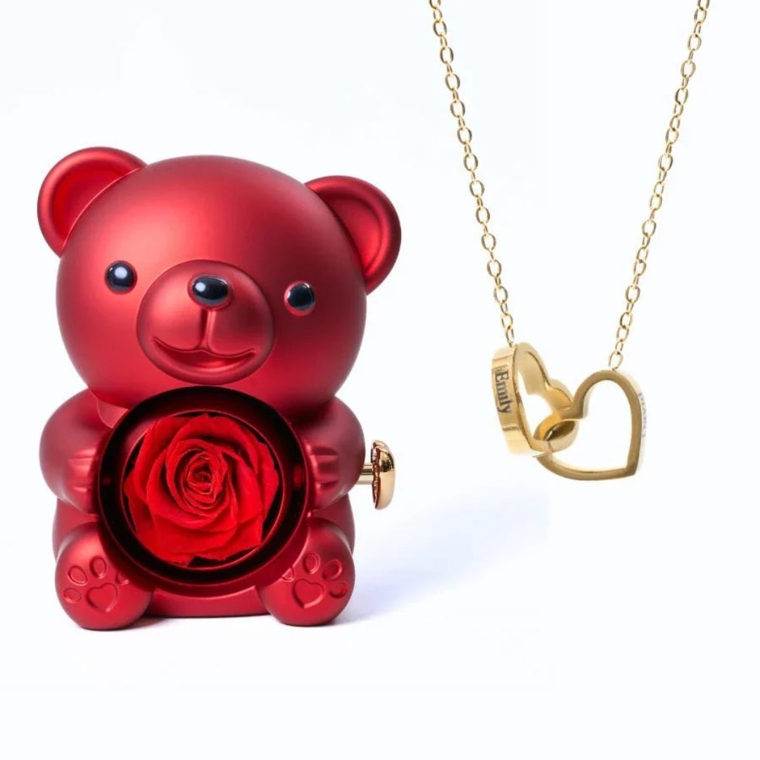 Ours Saint Valentin avec rose éternelle et collier gravé
