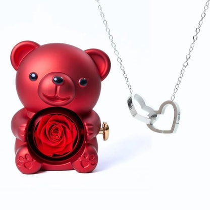 Ours Saint Valentin avec rose éternelle et collier gravé