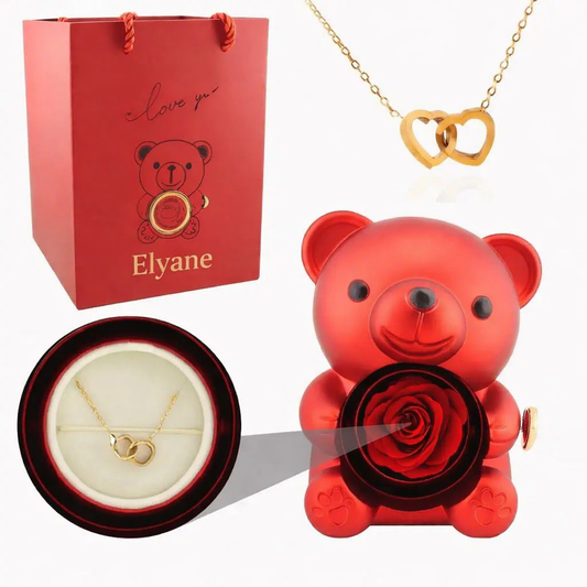 Ours Saint Valentin avec rose éternelle et collier gravé